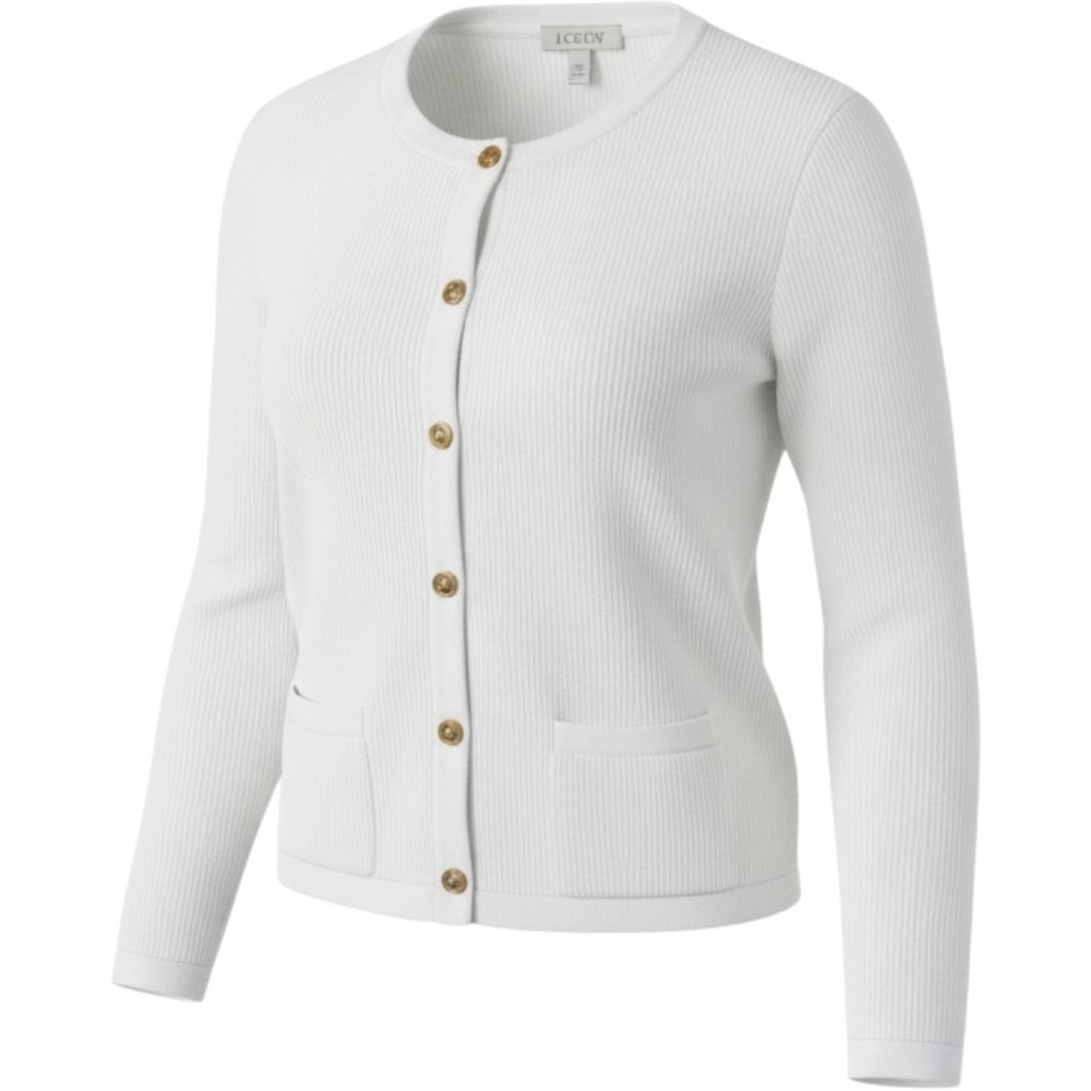 J.Crew Womens White Ribbed Cotton Cardigan Gold Crest Button Sweater Size S